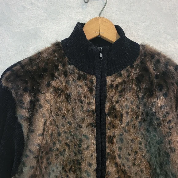 Vintage 90s Lisa International Faux Fur Leopard Chenille Zip Jacket XL - Picture 4 of 13